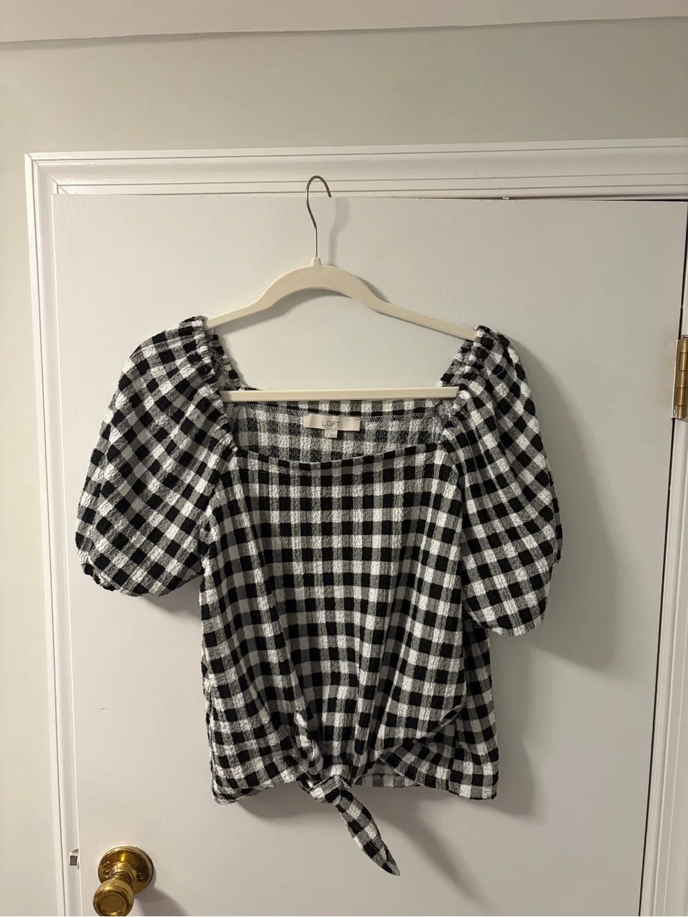 LOFT Black & White Gingham Puff Sleeve Tie-Front Top